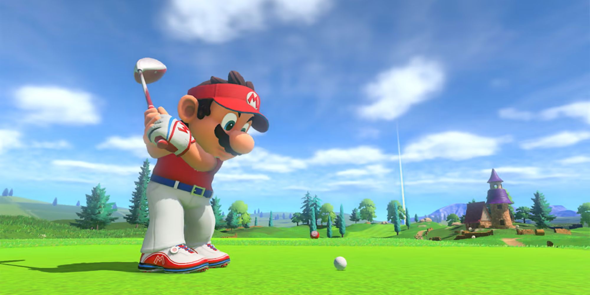 Mario takes a swing on a sunny day in Mario Golf Super Rush.