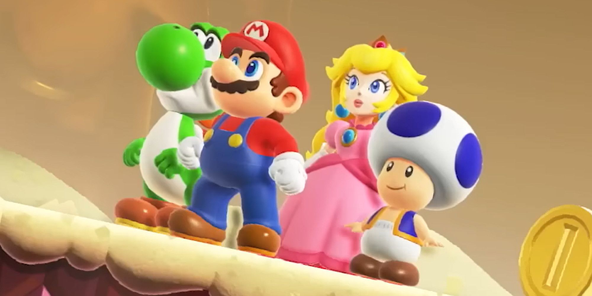 Yoshi, Mario, Peach, and Toad from Super Mario Bros. Wonder.