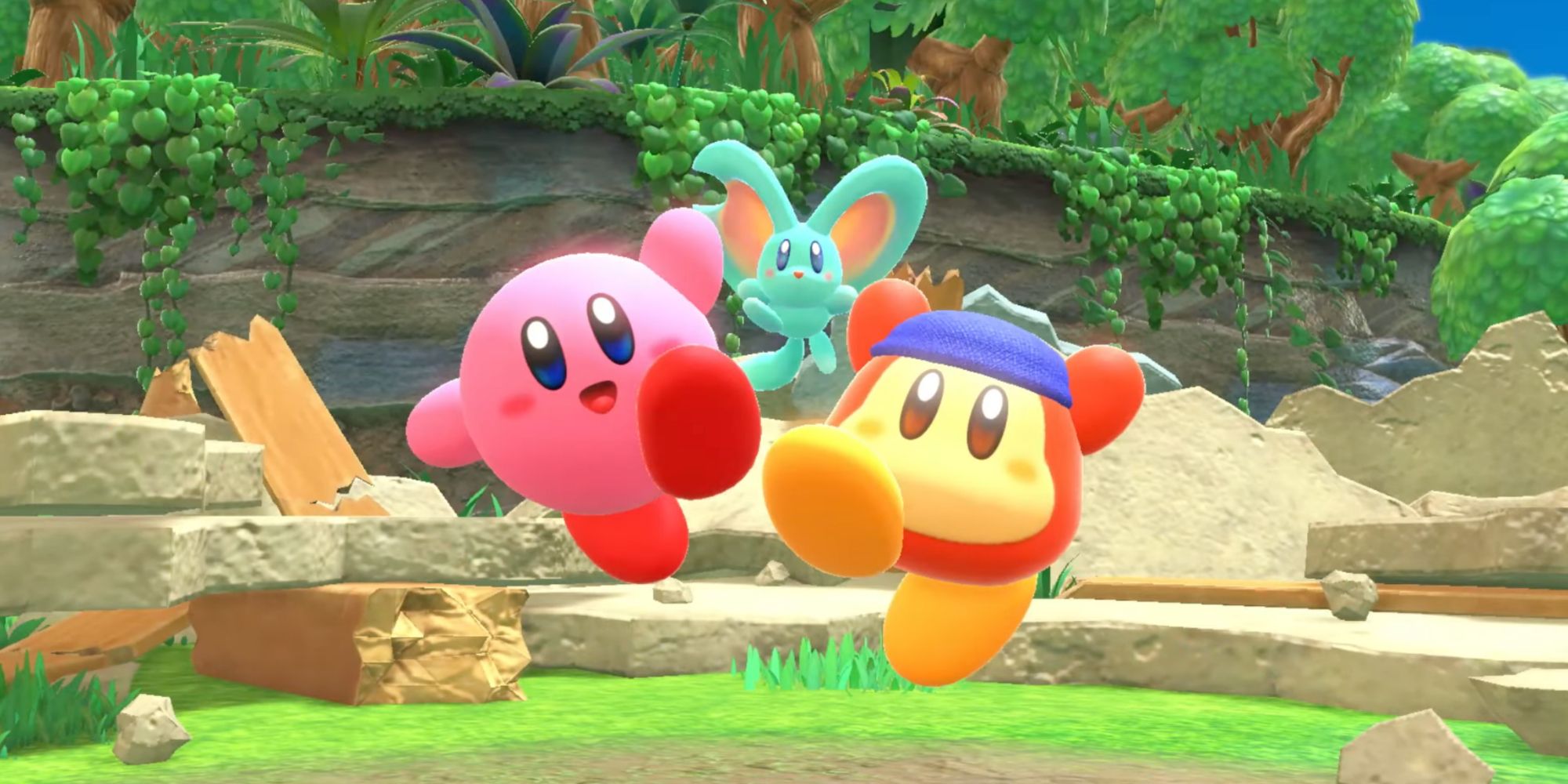 Kirby, Waddle Dee, and Elfilin's Victory Animation From Kirby and the Forgotten Land.