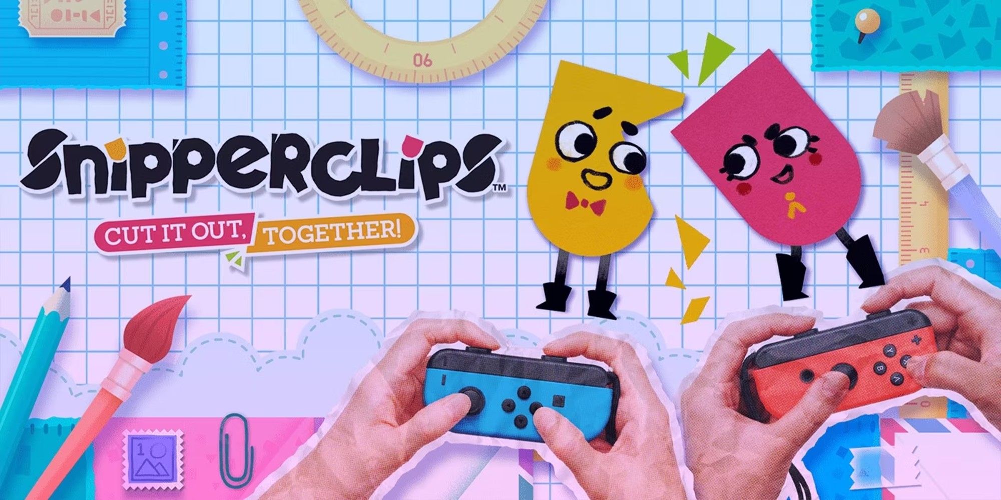 Snipperclips cover art showing two playable characters and hands holding joycons