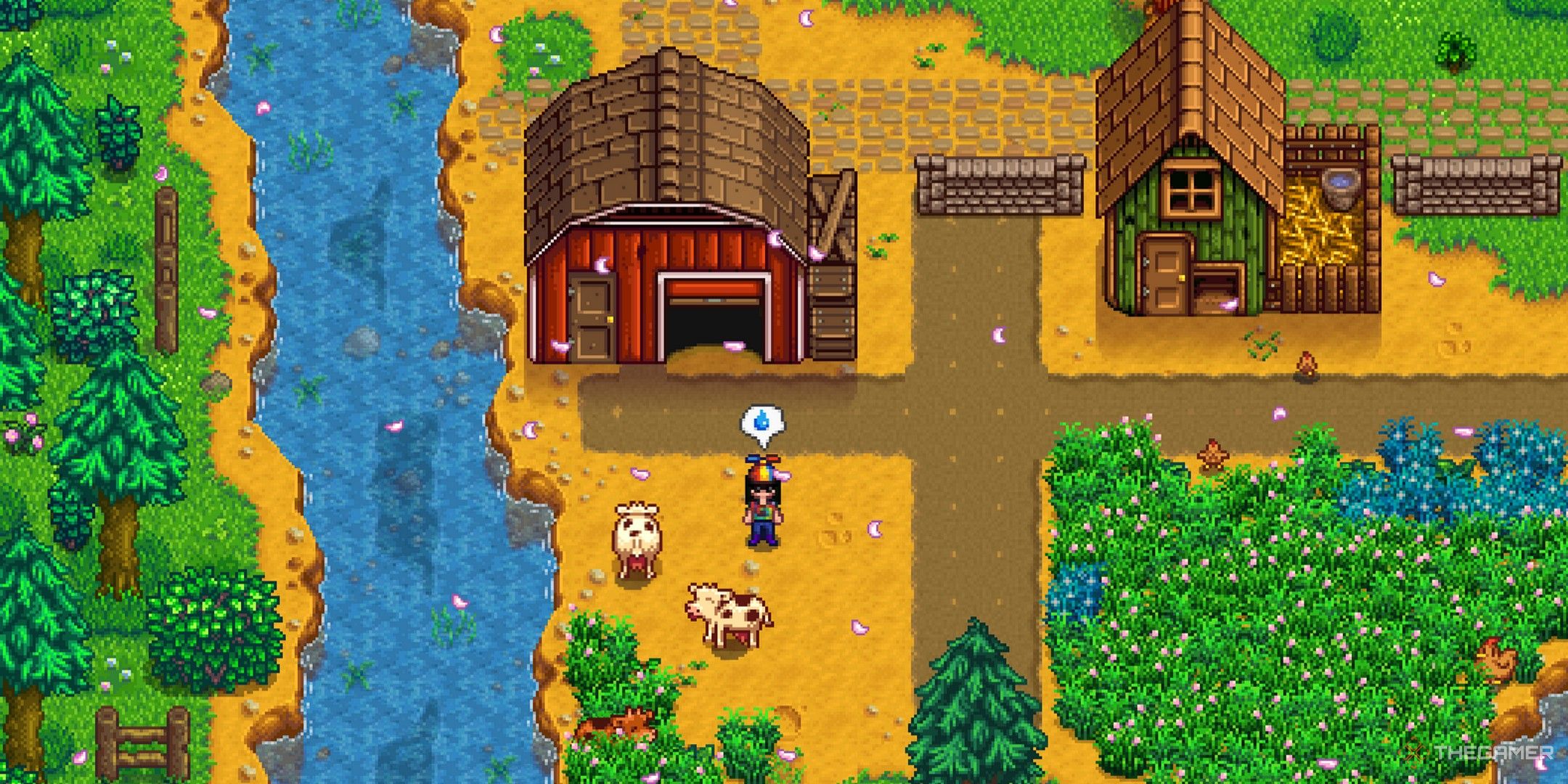 A farmer in the field on the meadowlands farm with several cows and chickens sell animals in Stardew Valley.