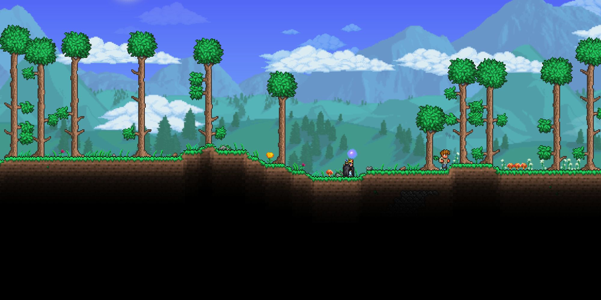 A player standing at spawn with a plain forest biome in the background for Terraria.