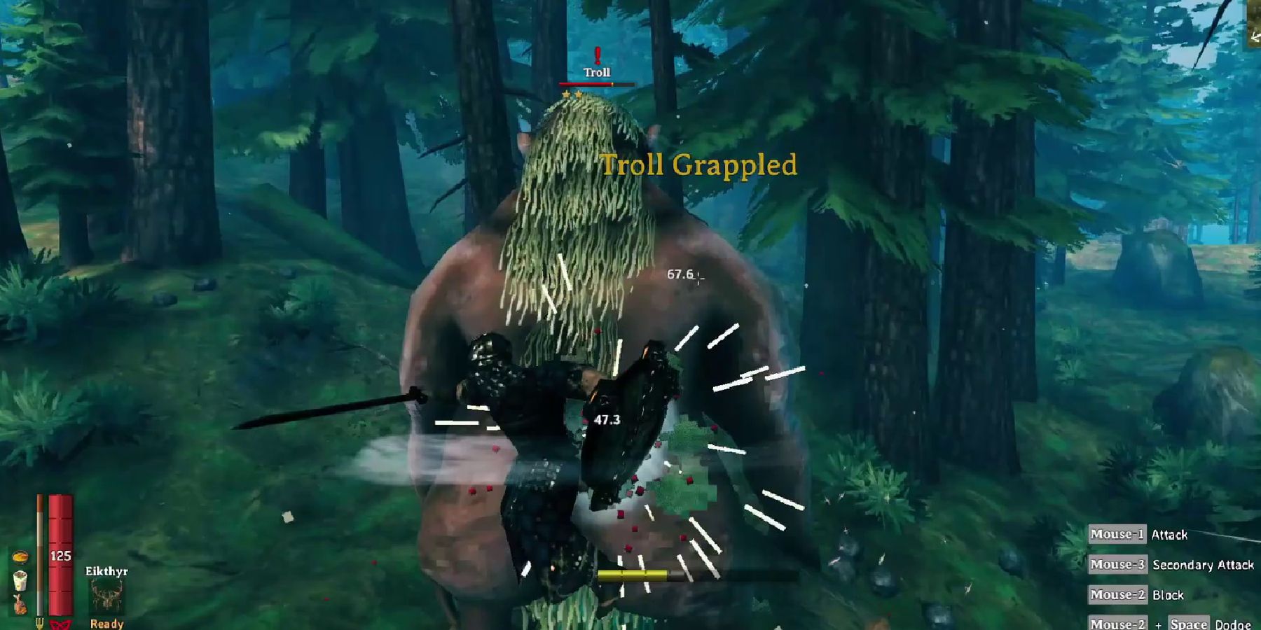 Valheim troll grappled by player in Valheim