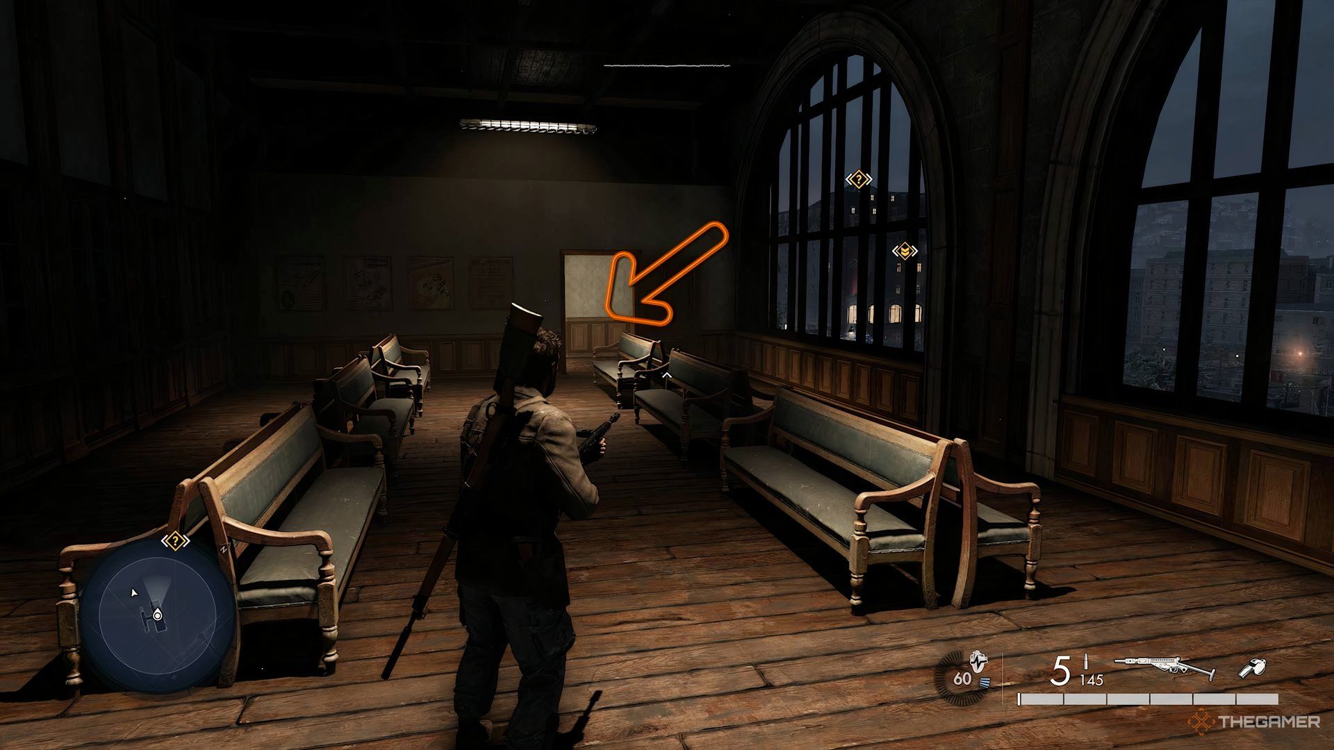 Arrow Pointing To Room Where You'll Find Classified Document #5 During Sonderzuge Sabotage In Sniper Elite: Resistance.