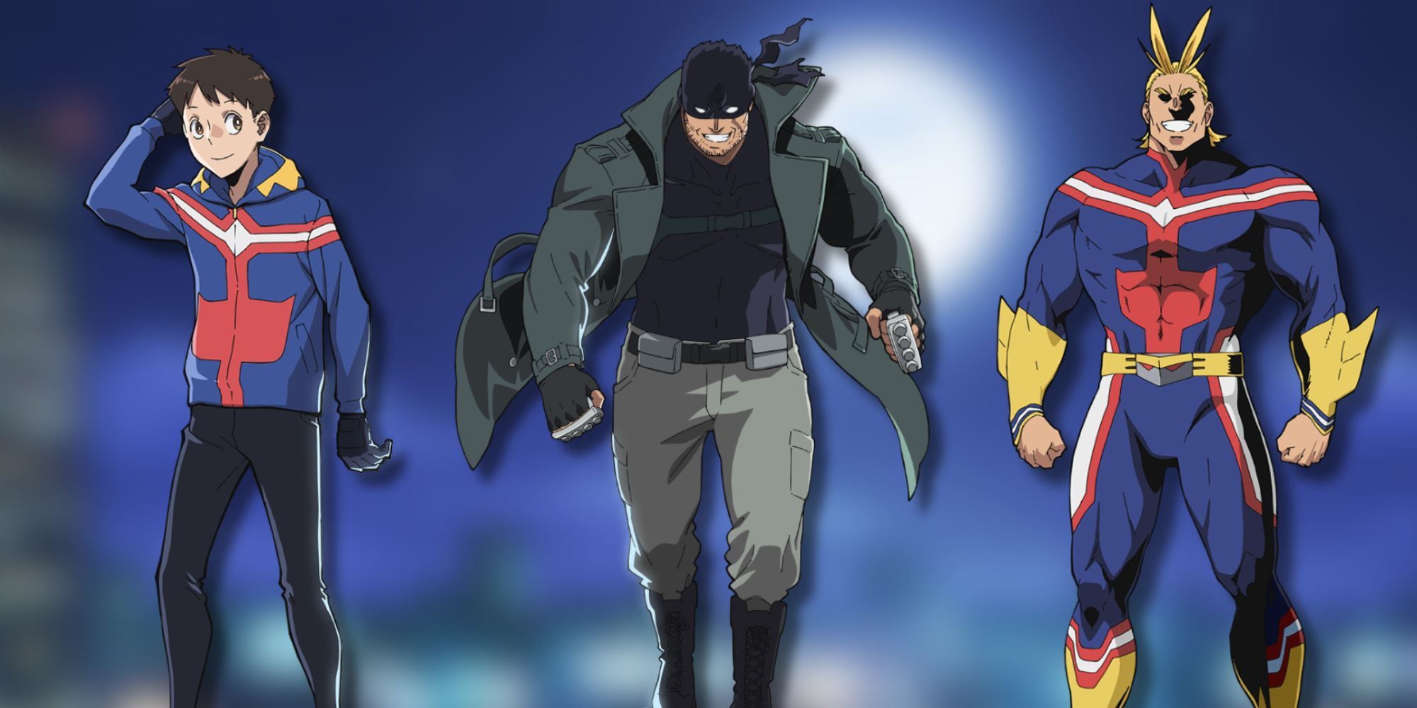 A collage of 3 My Hero Academia Vigilantes with official renders from the upcoming anime: Koichi Haimawari, Knuckleduster and All Might.