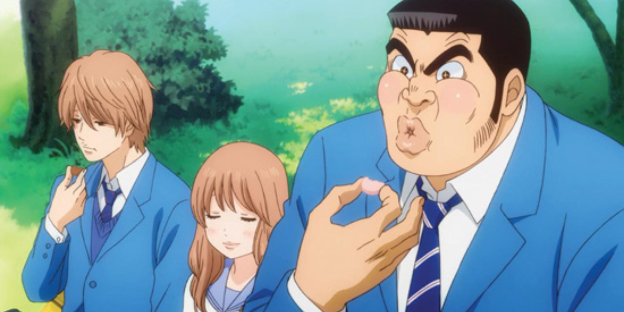 Takeo, Sunakawa, and Yamato enjoy a snack.