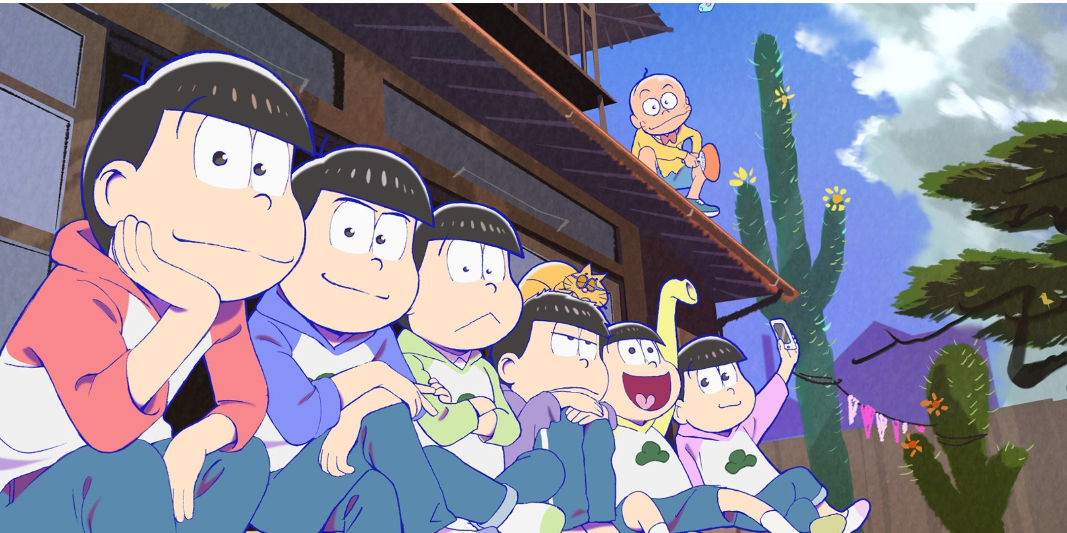 The Matsuno brothers all sit outside.