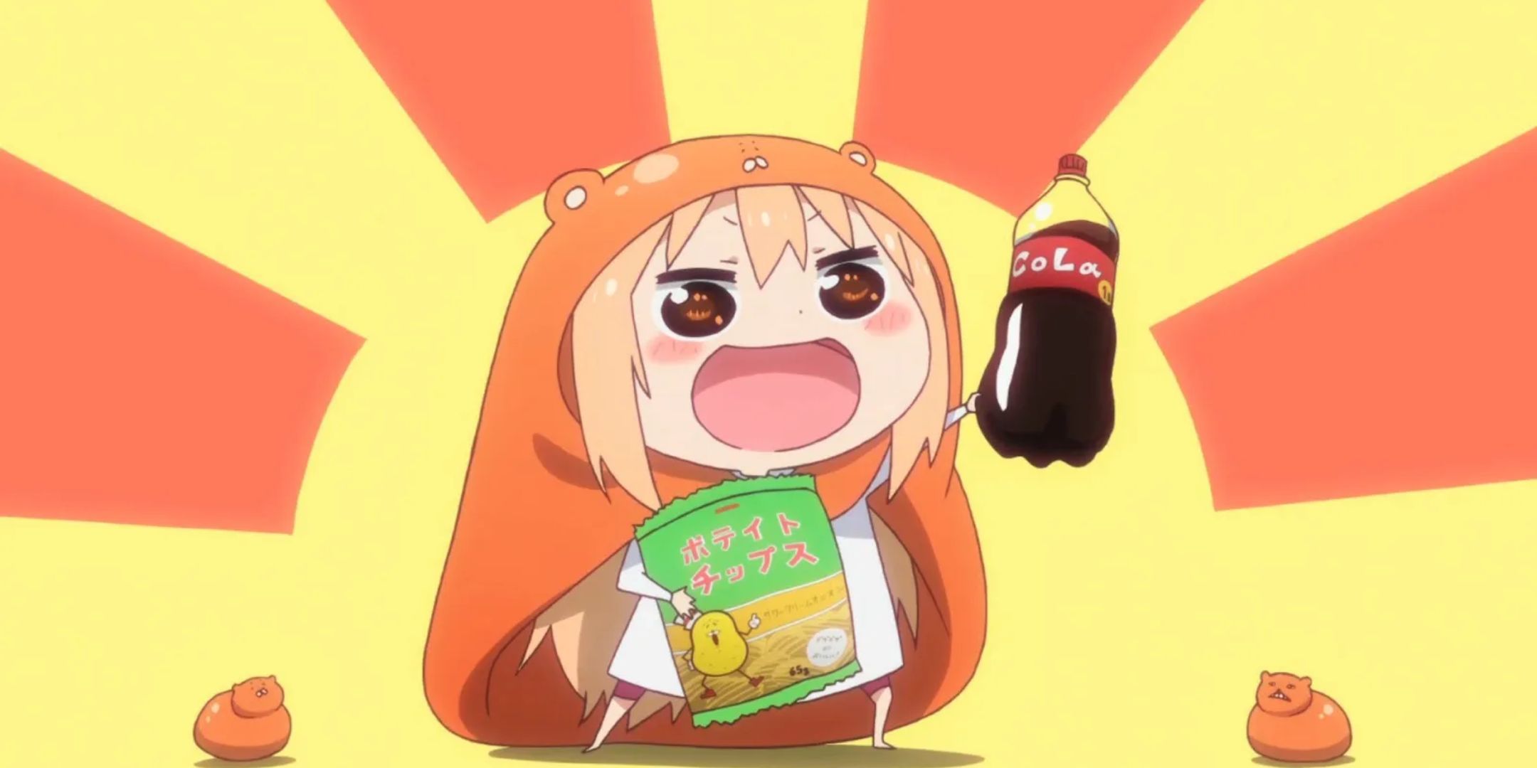 Umaru stands triumphantly with her snacks. 