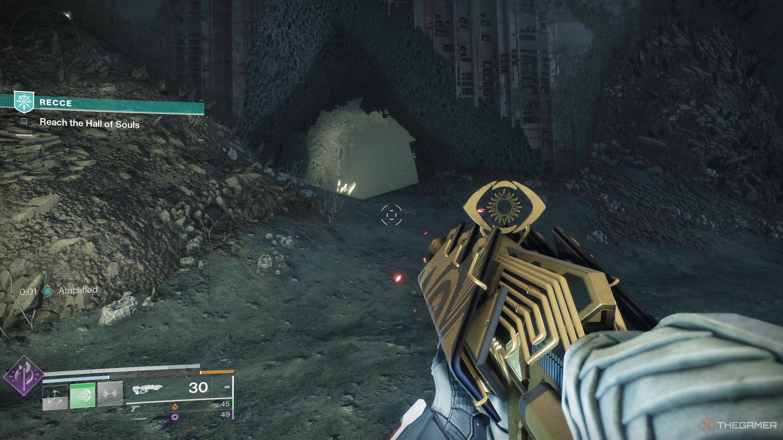 A hole in a hallway wall on the Dreadnaught in Destiny 2.