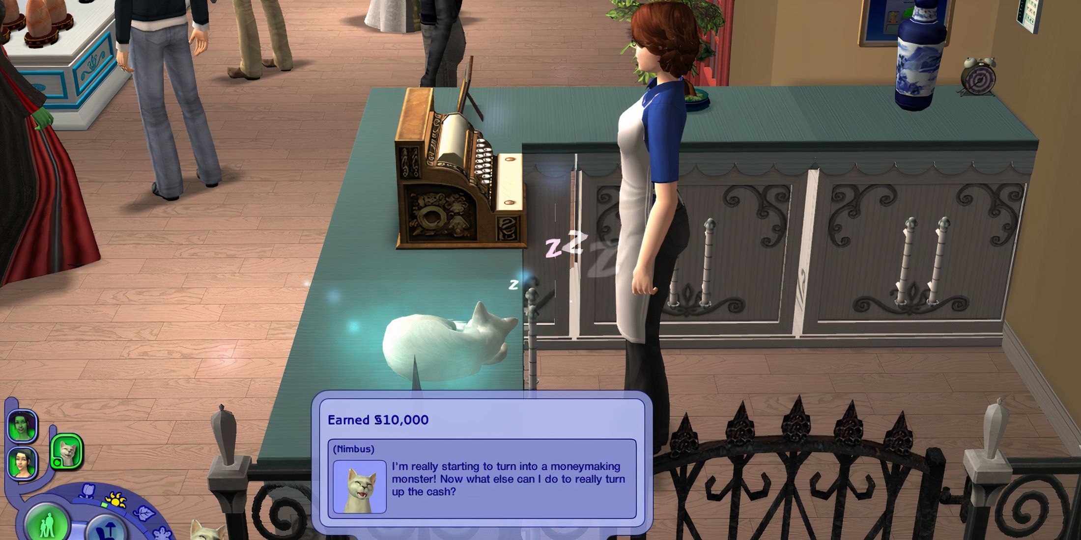 a barista working in the sims 2