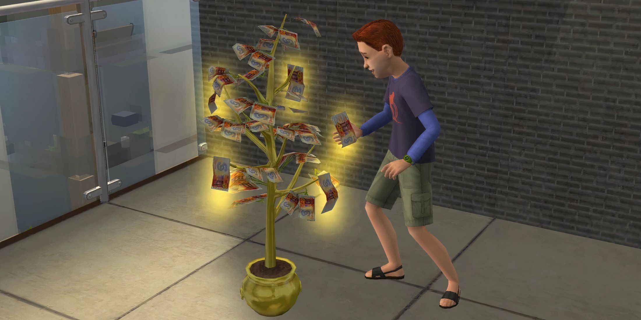 a sim harvesting money from the money tree in the sims 2