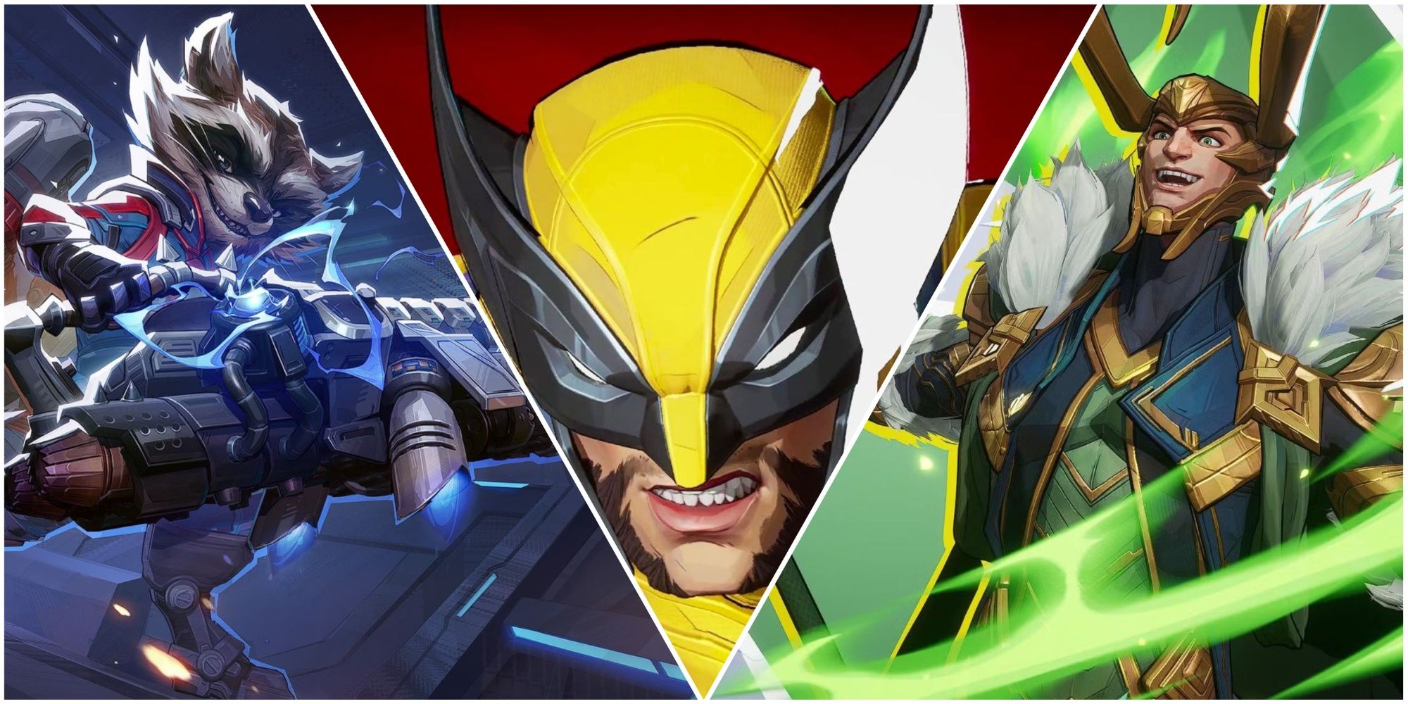 A collage image of Rocket Raccoon, Wolverine, and Loki from Marvel Rivals