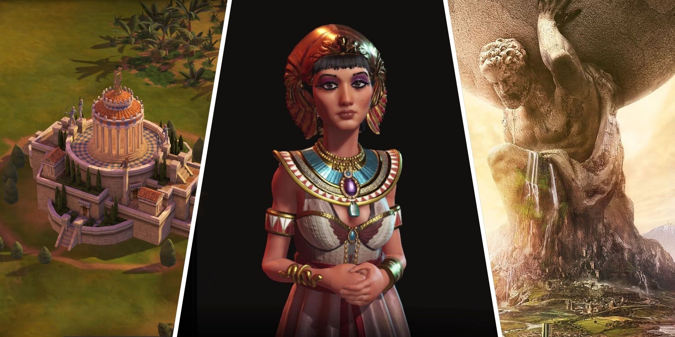 A great wonder sits on the left, the box art for Civilization 6 is on the right, and Cleopatra stands looking at us in the center.