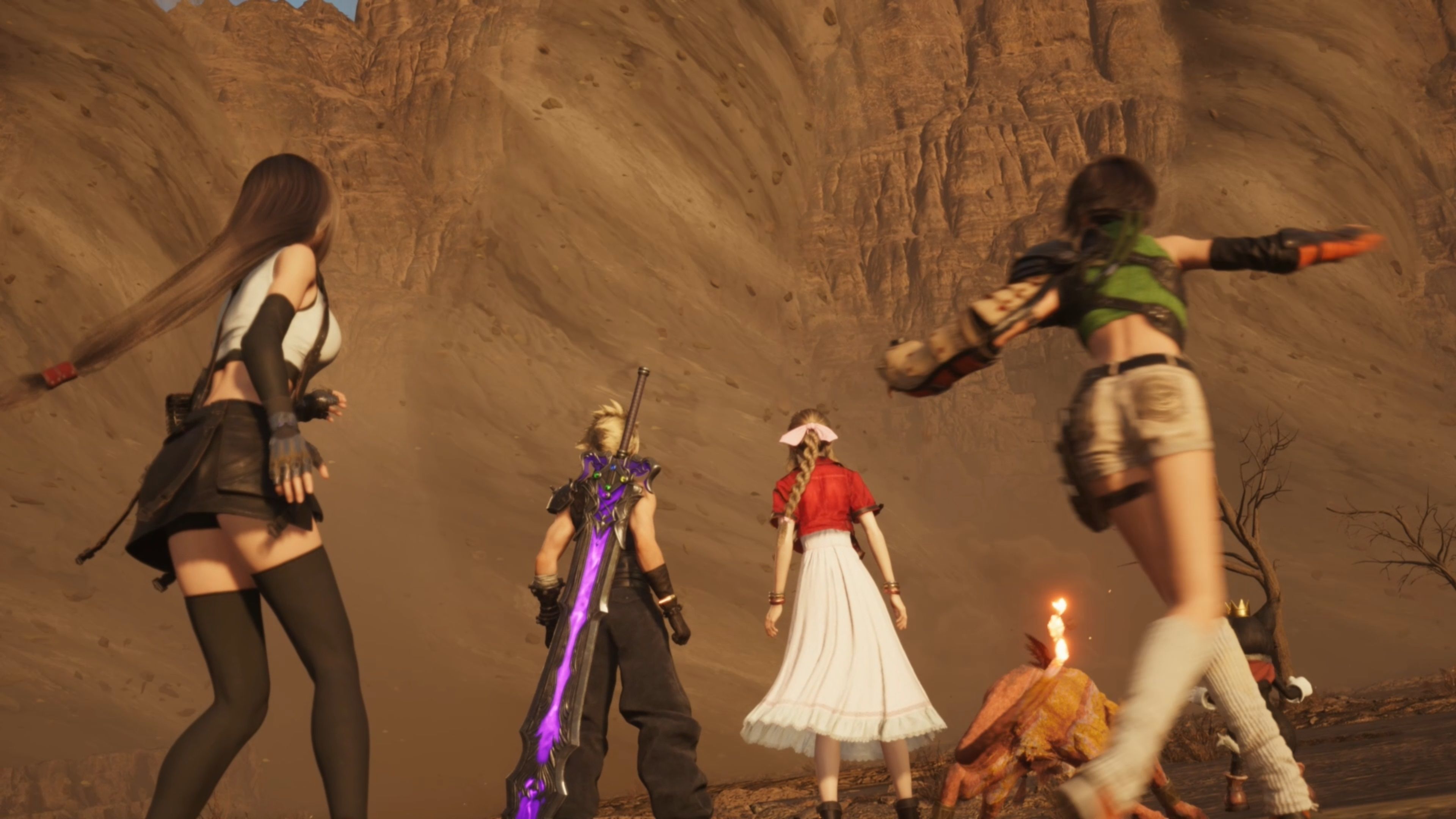 (From Left to Right) Tifa, Cloud, Aerith, Red XIII, Yuffie, and Cait Sith staring an an incoming Sand Twister in Final Fantasy 7 Rebirth.