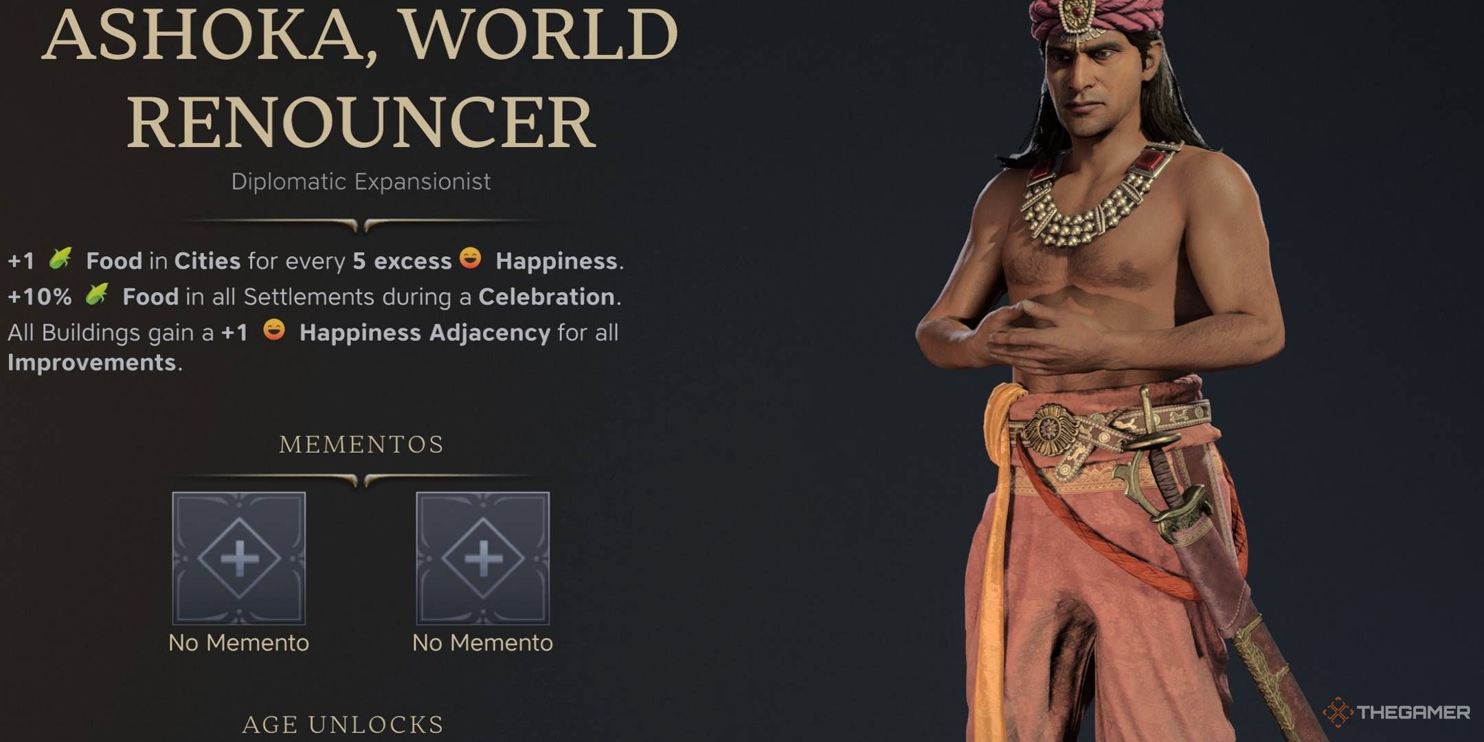 World Renouncer Ashoka's screen menu in Civilization 7