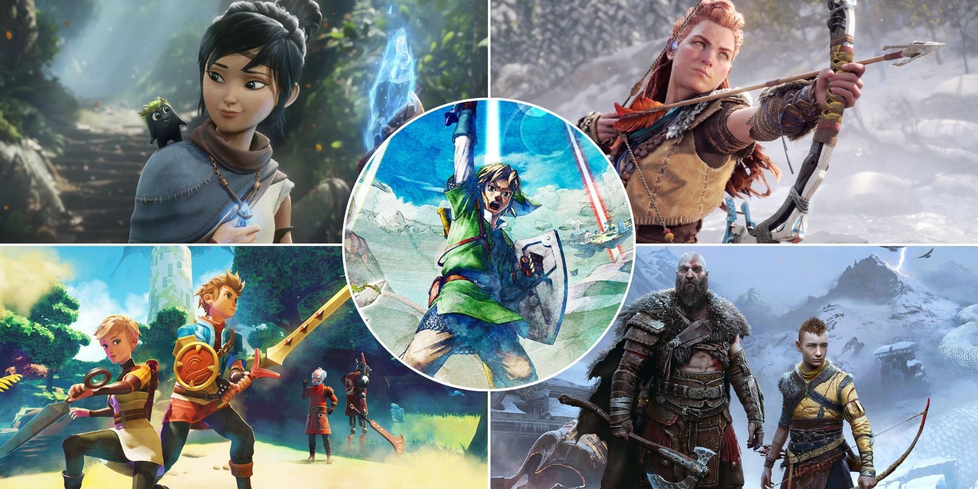 An image of Link from Skyward Sword HD, in a collage with 4 PS5 games that play like Zelda: Kena: Bridge of Spirits, Horizon Forbidden West, Oceanhorn 2 and God of War Ragnarok.