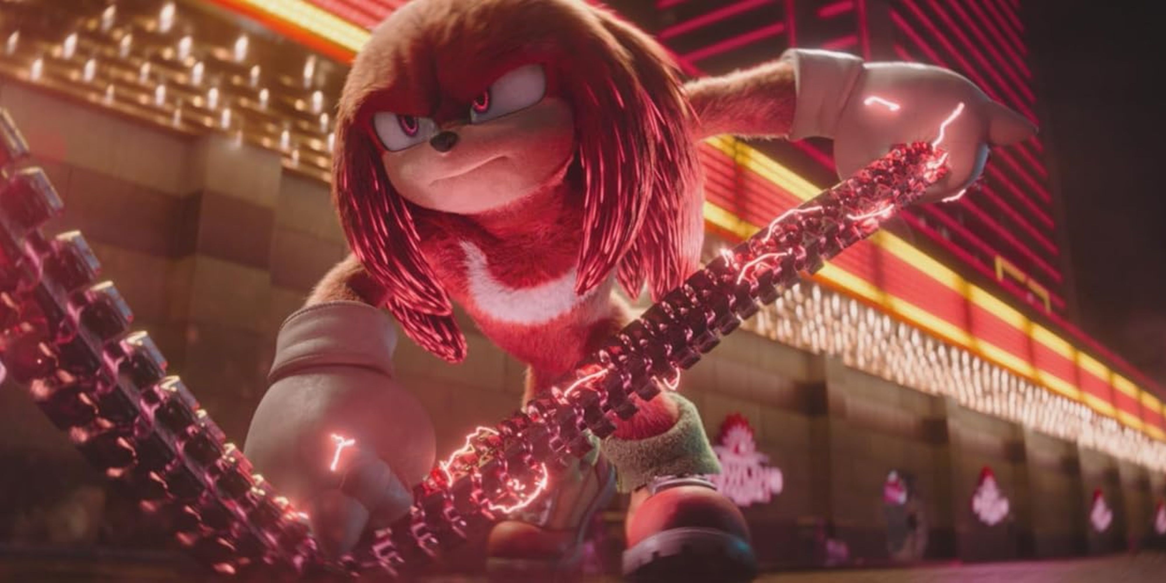 Knuckles pulling on an electrifed chain in his titular show.