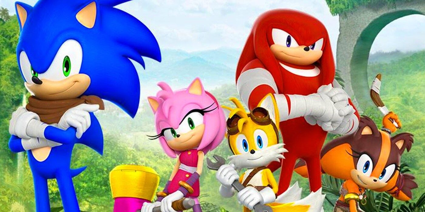 The cast of Sonic Boom stood against a jungle backdrop.