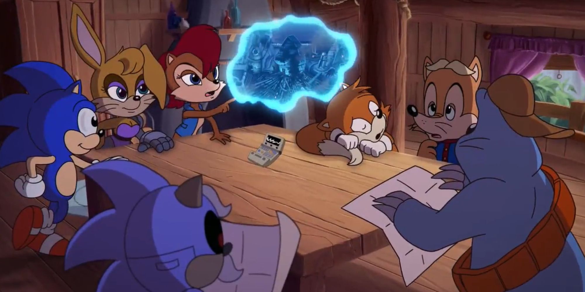 Sonic and friends planning around a table in Sonic SatAM.