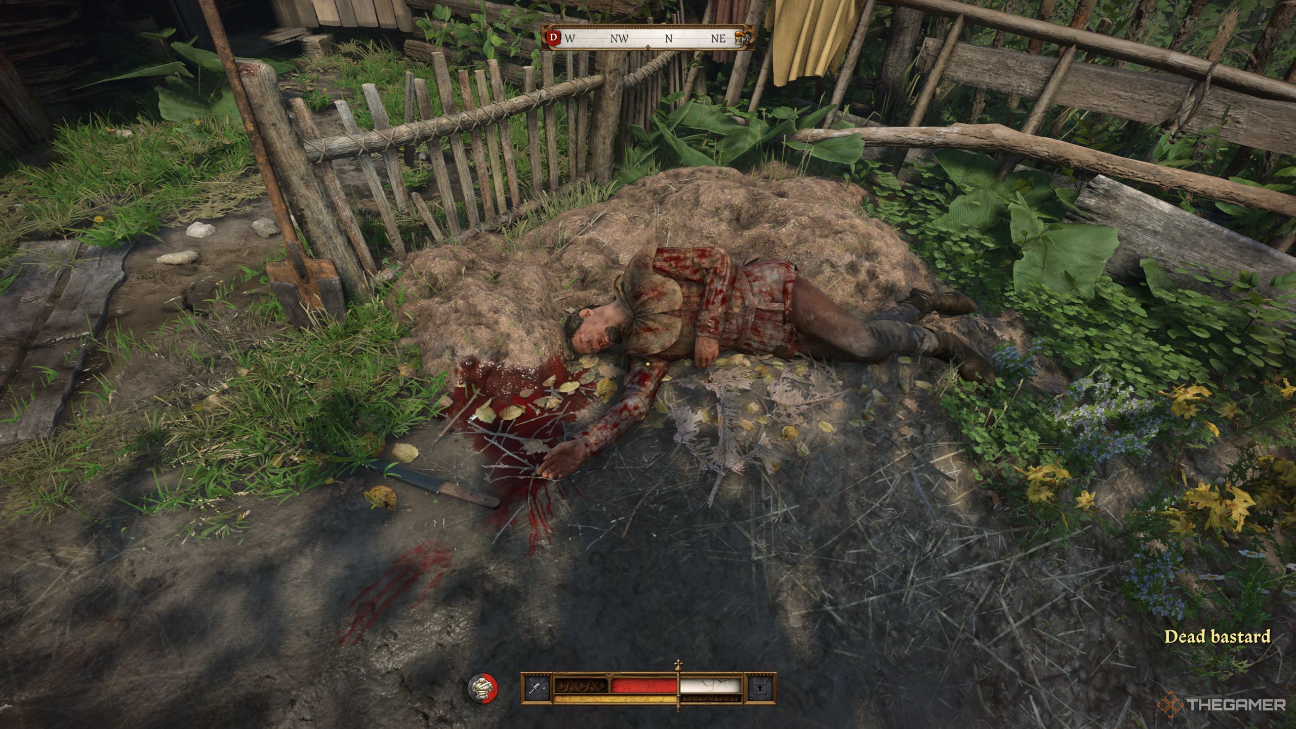 Henry standing in front of a dead bandit lying on the ground.