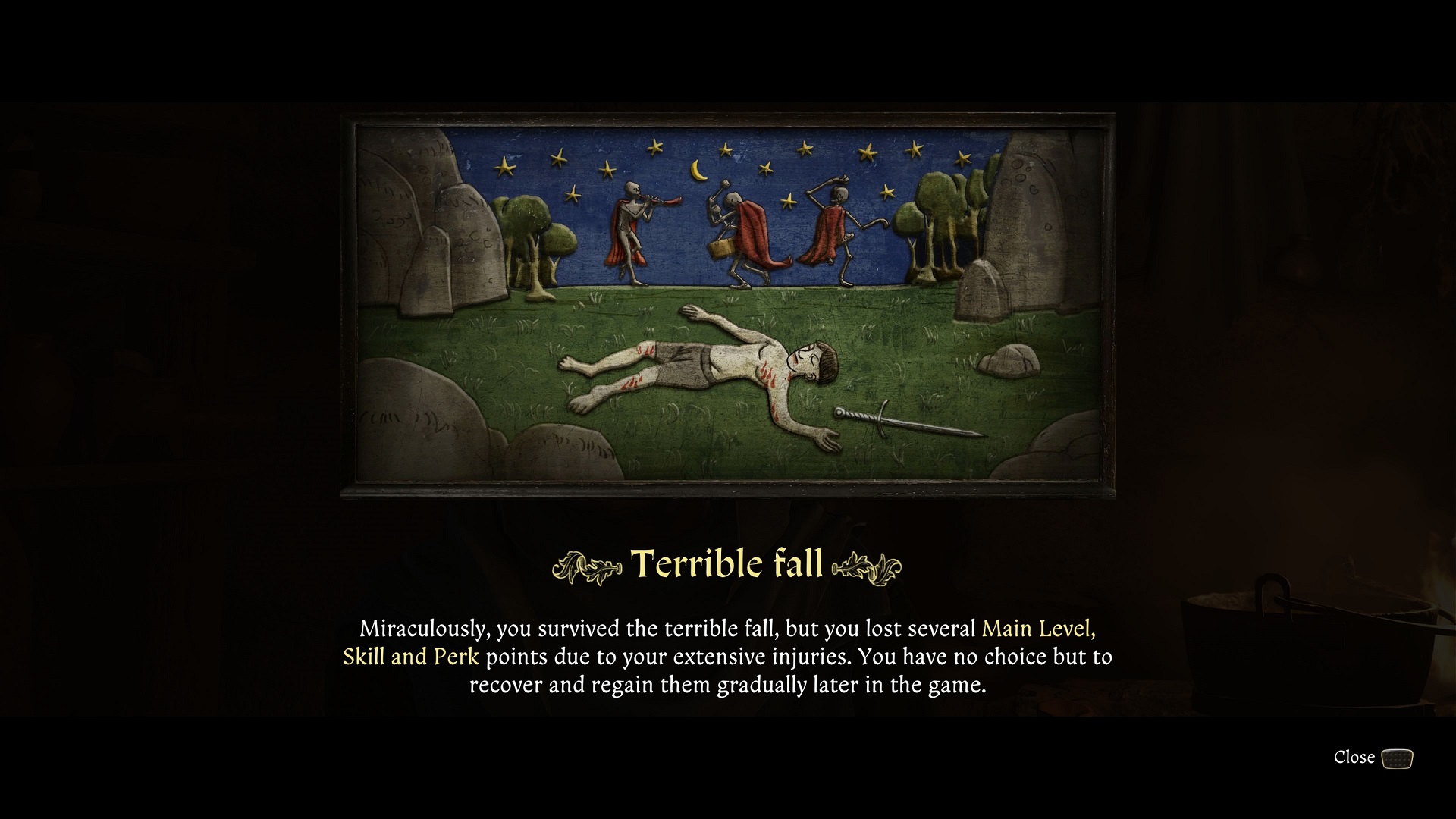 Kingdom Come: Deliverance 2 screenshot of the message showing that your skills and level have reset after falling