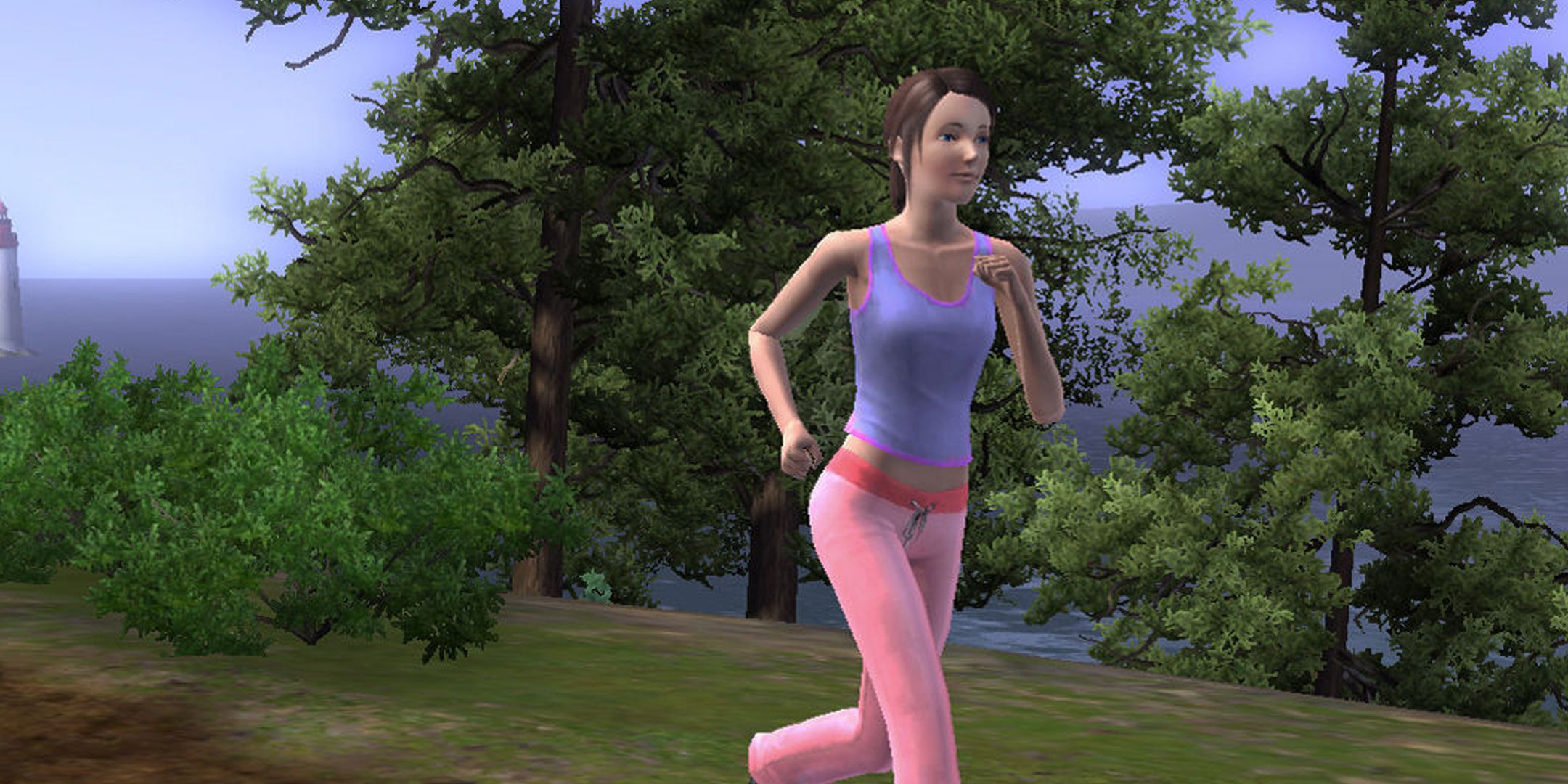 Sims 3 screenshot of a woman going for a jog by the ocean.