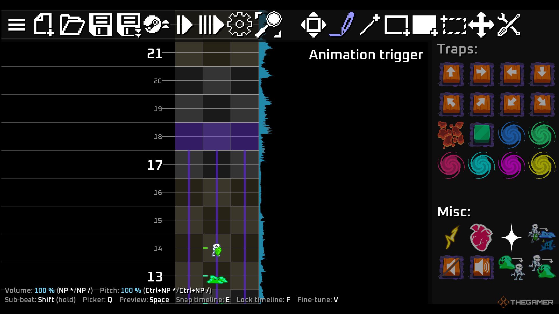 A player looking at what to place on a track in Rift of the Necrodancer.