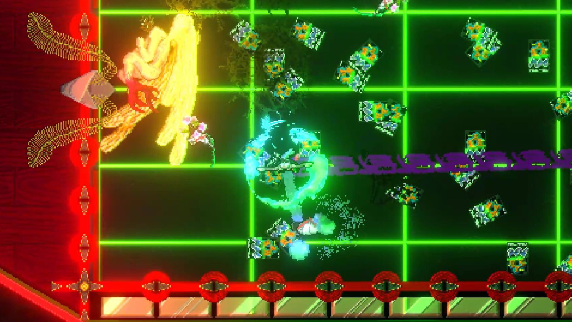 The main character slashing monsters in a room with green neon lights.