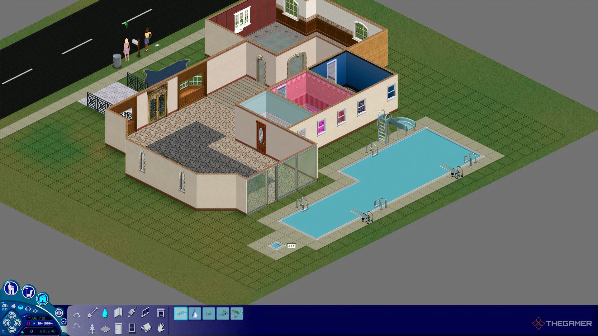 An image showing a pool in the backyard in The Sims.