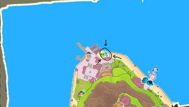 A map shows a circled location on a beach.