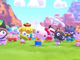 A screenshot of the announcement trailer for Hello Kitty island Adventure, with all the characters waving