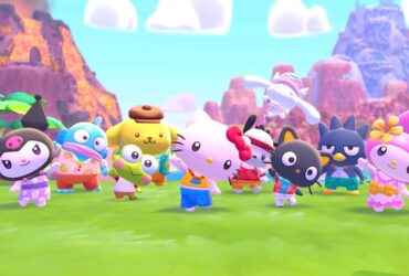 A screenshot of the announcement trailer for Hello Kitty island Adventure, with all the characters waving