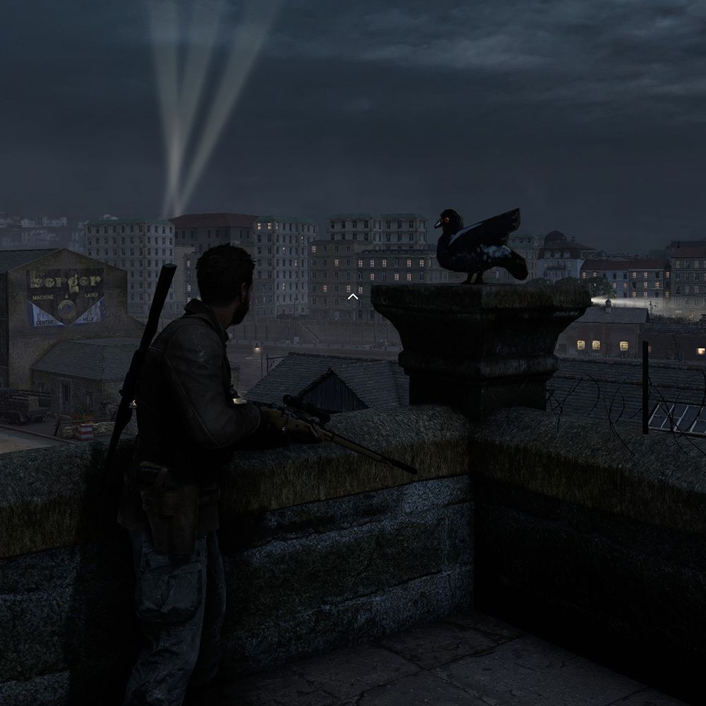 A cardboard pigeon on a stone pillar in Sniper Elite Resistance.