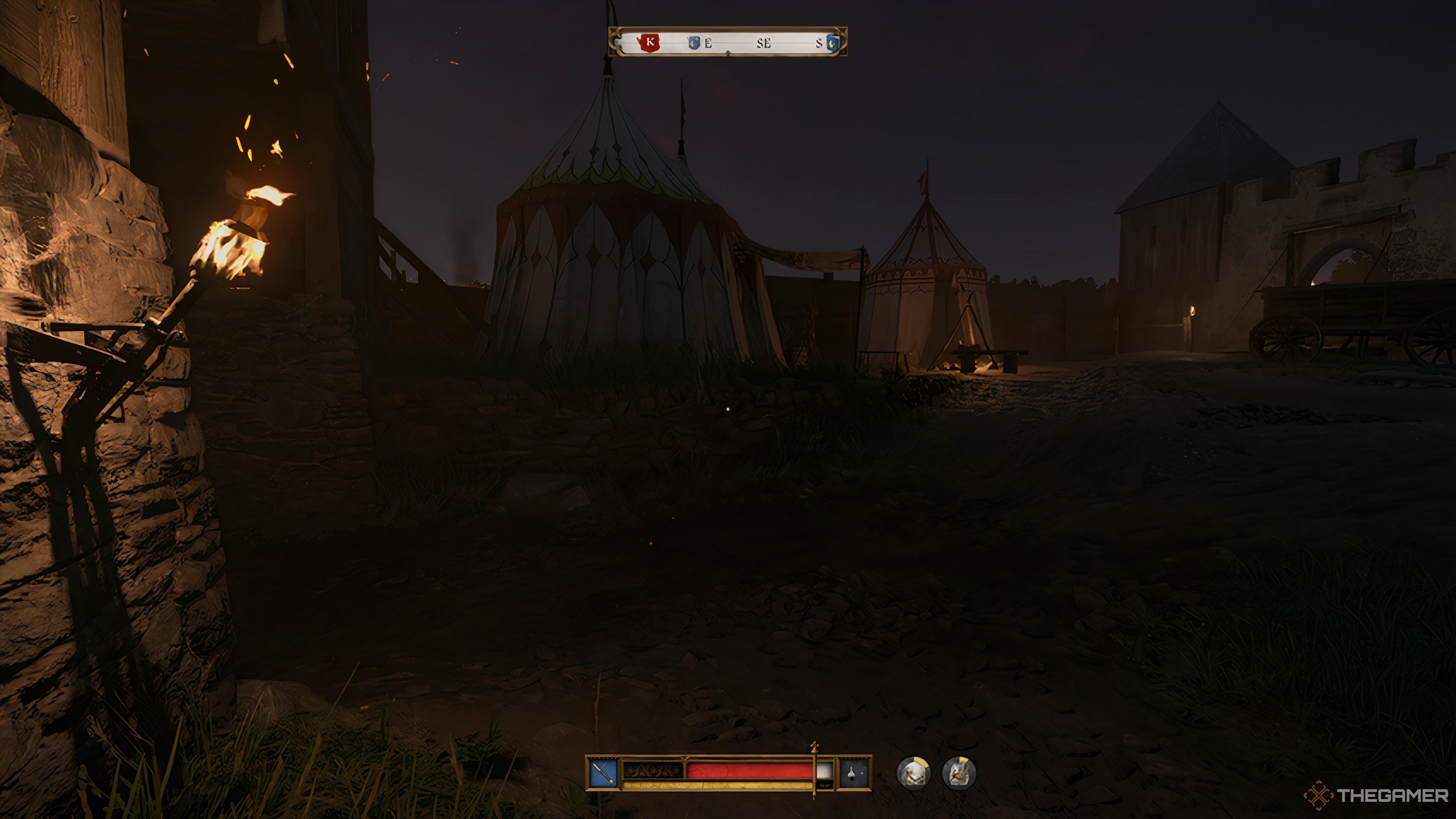 Henry crouched inside a fortress in Kingdom Come: Deliverance 2.