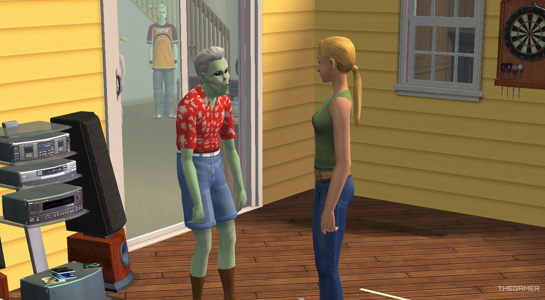 A family of aliens and human sims mixed together, with the parents talking outside.