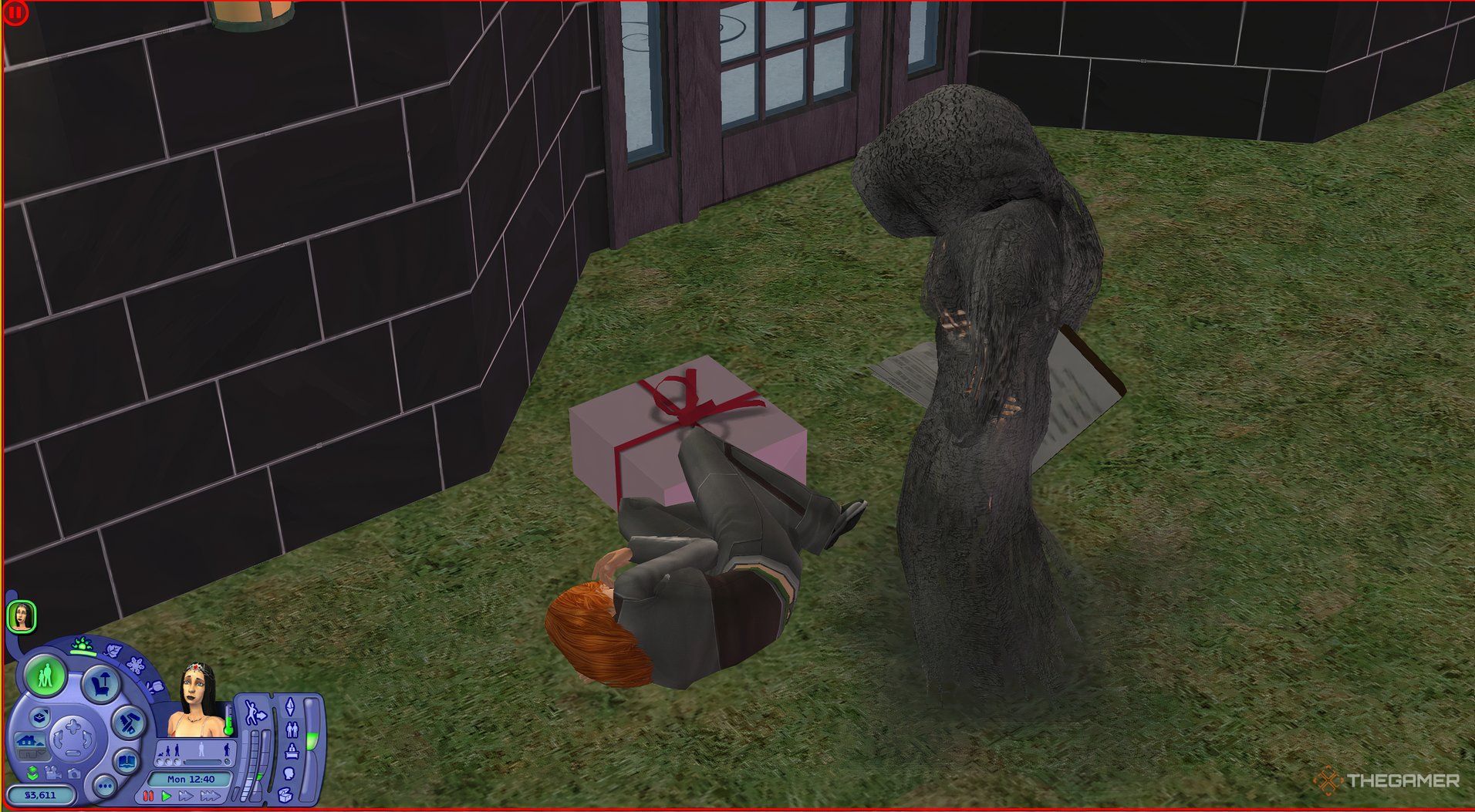 The Grim Reaper assessing a sim's death.