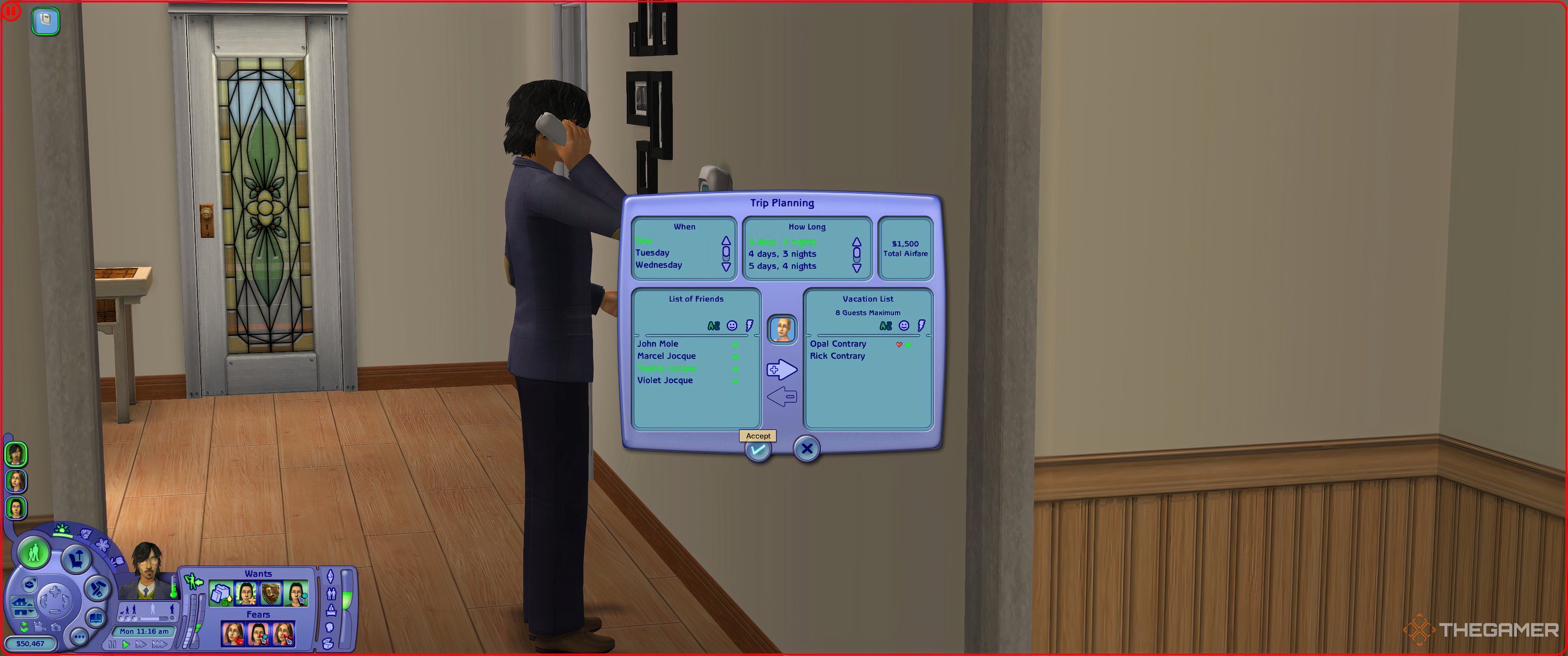 Sims 2 trip planning menu with a male sim answering the phone.