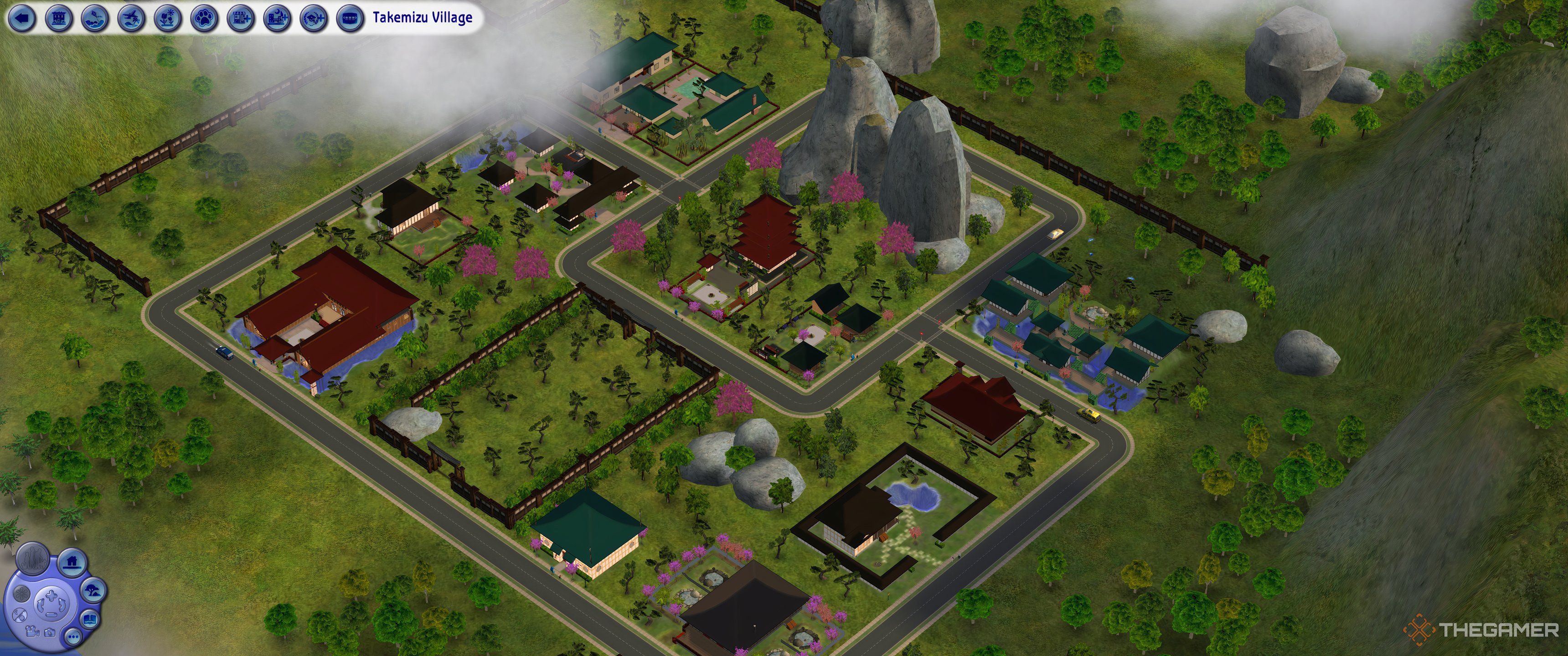 Sims 2 takemizu village neighbourhood screen.