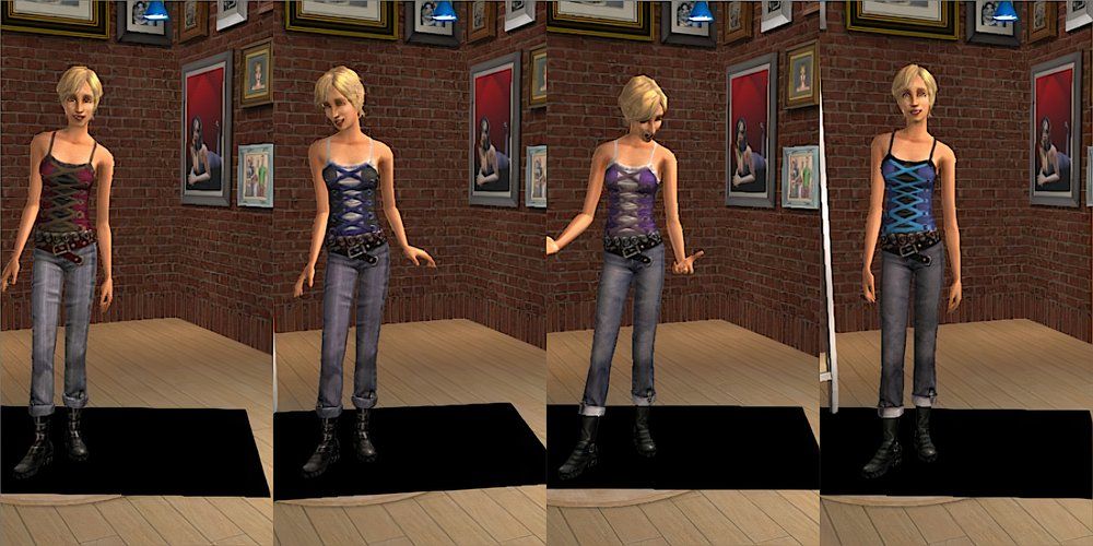 A female Sim wearing a corset top and jeans in The Sims 2.