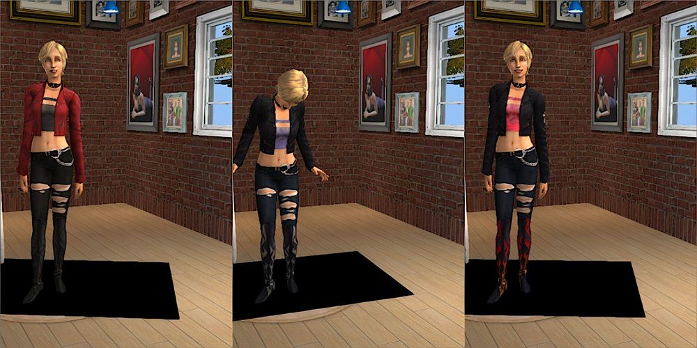 A female Sim wearing a crop top, short skirt, jacket and ripped tights in The Sims 2.