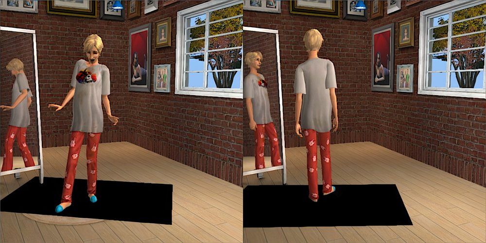 A female Sim wearing an oversized, stained T-shirt and pajama pants in The Sims 2.