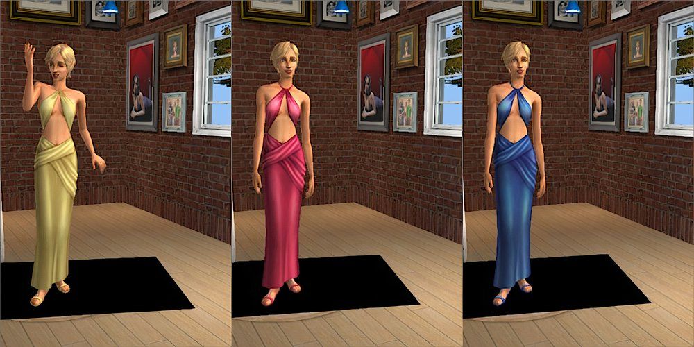 A female Sim wearing a halter dress in The Sims 2.