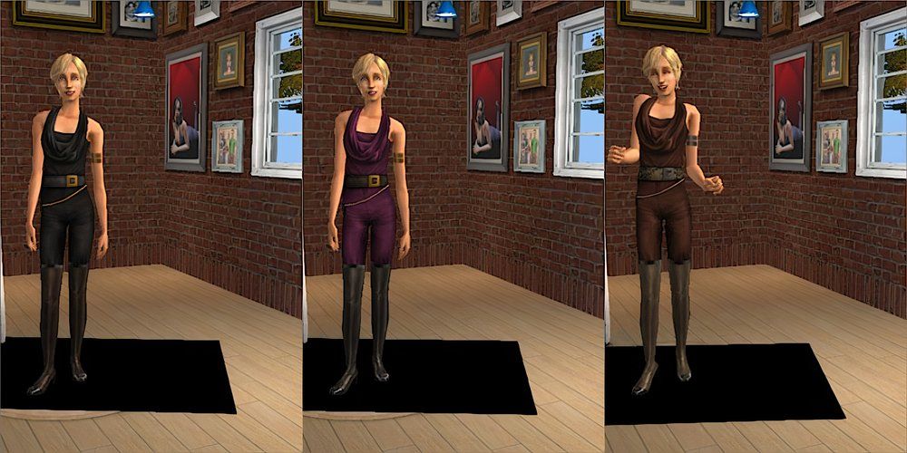 A female Sim wearing a cowl neck jumpsuit and boots in The Sims 2.