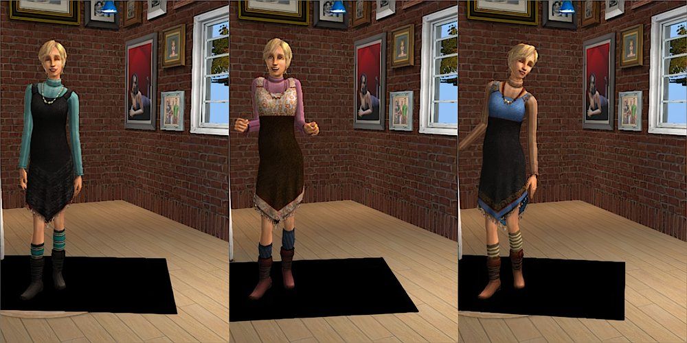 A female Sim wearing a layered knit dress outfit in The Sims 2.