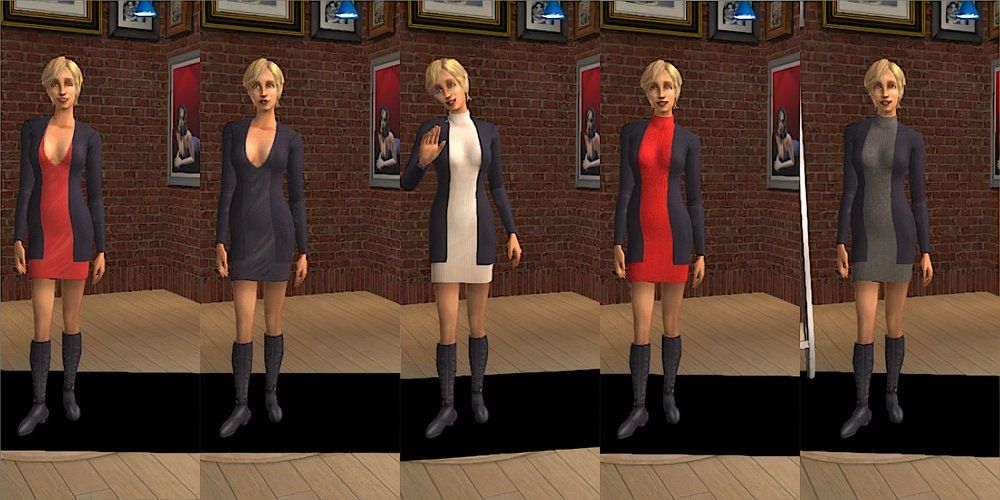 A female Sim wearing a jacket, short dress, and boots in The Sims 2.