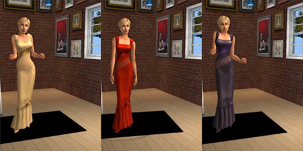 A female Sim wearing an evening gown in The Sims 2.