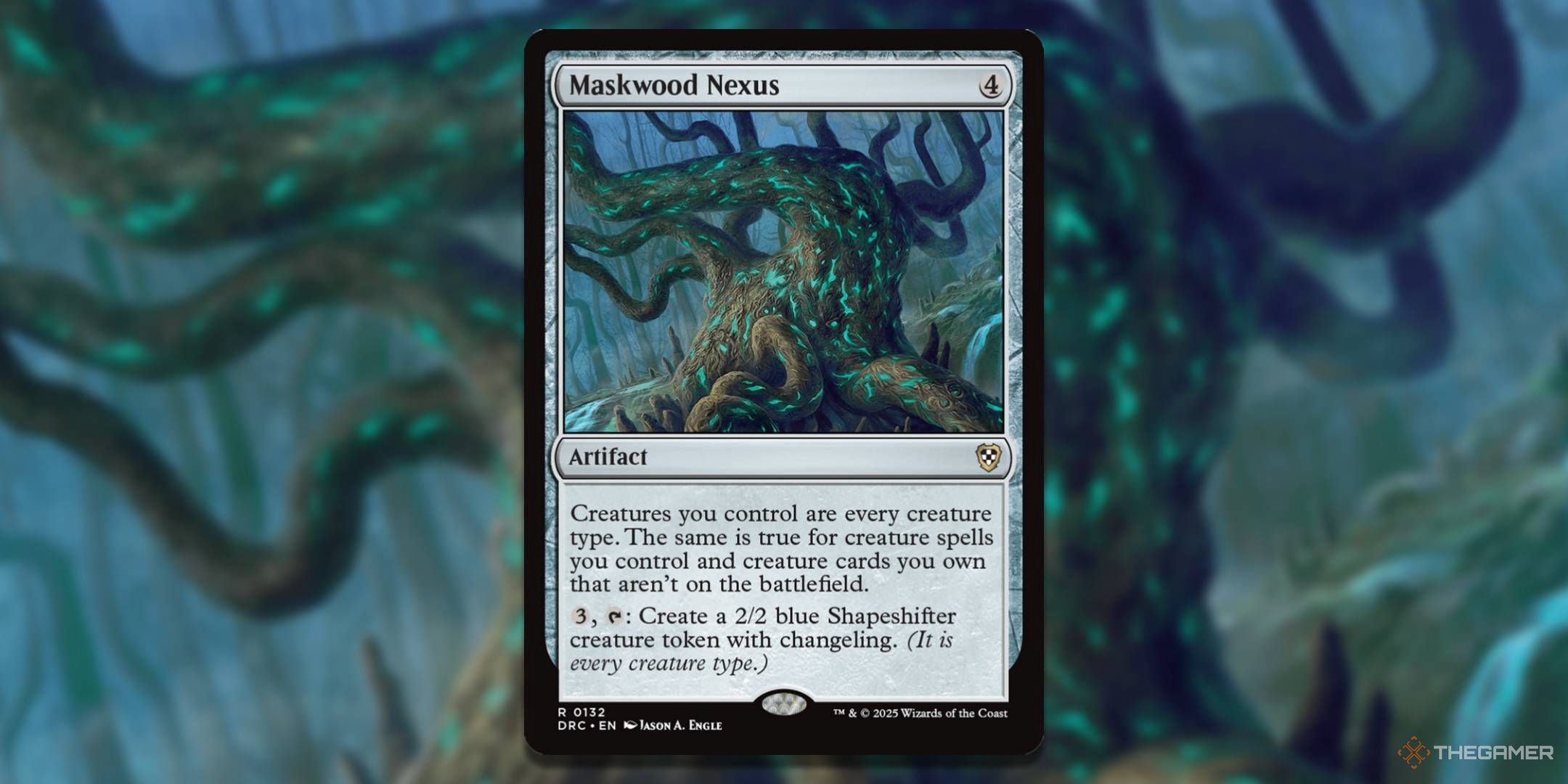 MTG Maskwood Nexus card with the art in the background.