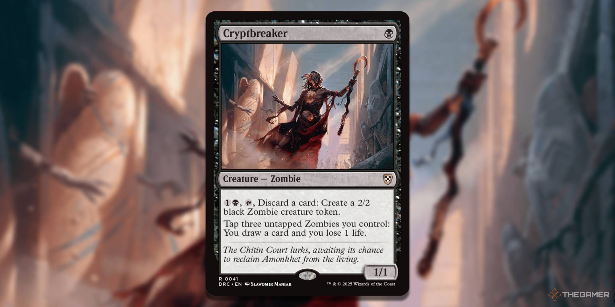 MTG Cryptbreaker card with the art in the background.