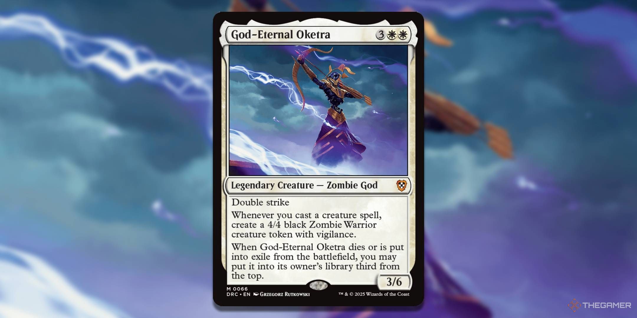 MTG God-Eternal Oketra card with the art in the background.