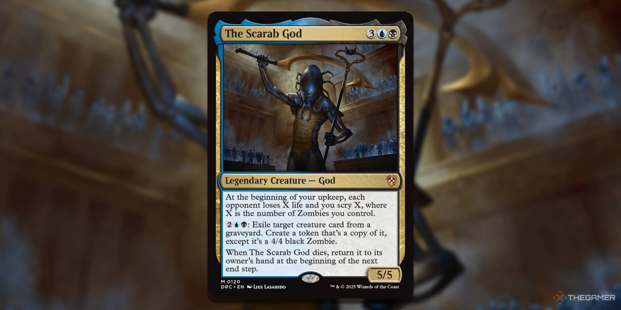 MTG The Scarab God card with the art in the background.